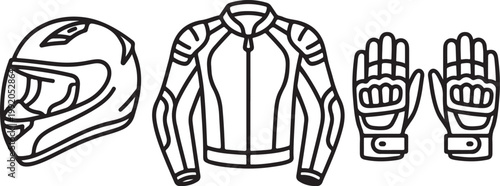 motorcycle safety gear icons set helmet jacket gloves line art vector illustration