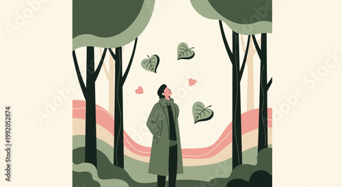 Person Enjoying Autumn Season in Park with Falling Leaves and Hearts