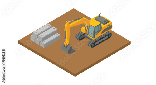 Isometric illustration of a construction site with machinery and workers