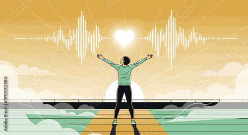Person Embracing Sunrise with Heartbeat and Heart Symbol