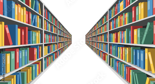Two immense rows of towering library bookshelves packed with vibrant multi-colored volumes create a dramatic perspective leading toward a bright center.