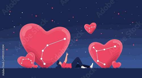 Person Gazing at Star Constellations within Giant Hearts Under Night Sky