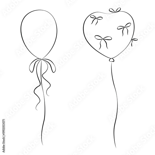 Hand-drawn birthday, wedding or party decor elements, air balloons with bows in line art graphic style