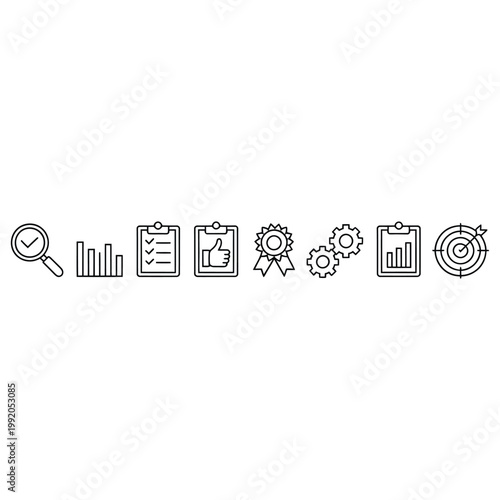 Set of business icons vector line symbols for finance and analysis magnifying glass chart checklist approval award gears target goal.