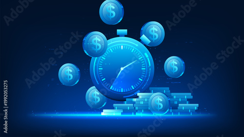 Abstract technology background clock with falling coins, representing time is money, business growth, financial success, investment opportunities, wealth management, value of time in modern digital