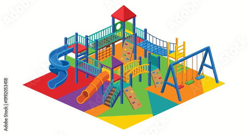 Isometric view of a colorful children s playground with various play structures