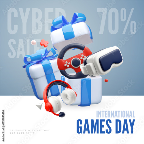 3D advertising poster with gift boxes, blue bows, a headset, glasses, and a joystick.