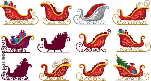 Santa sleigh collection with gifts and decorative Christmas sled silhouettes festive holiday vector illustration set