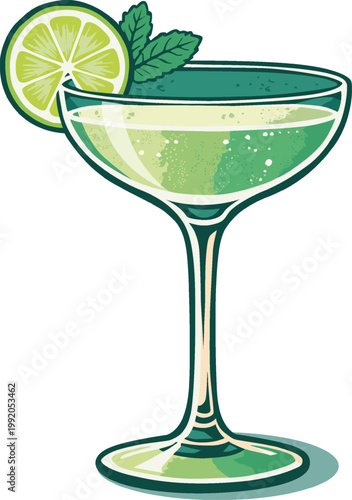Daiquiri Cocktail Glass Illustration.Fresh green daiquiri cocktail with lime. Perfect for summer, bar menus, and drink branding.