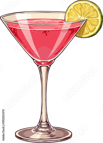 Cosmopolitan Cocktail Illustration. Elegant cocktail glass with cosmopolitan drink and lemon slice. Perfect for bar menus and drink designs.
