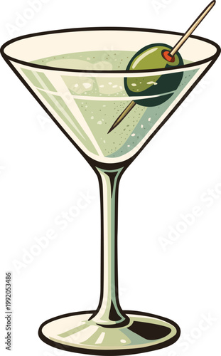 Dry Martini Cocktail Illustration.Classic martini glass with olive. Perfect for bar menus, nightlife, and elegant designs.