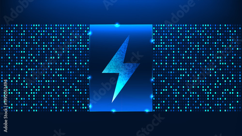 Technology energy background electric symbol within a side frame of square elements, representing battery charging, energy storage, renewable energy, alternative power, sustainable energy systems