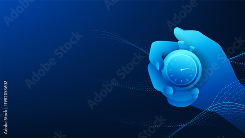 Technology background  hand pressing a stopwatch with flowing data lines across the composition, representing precise timing, real-time data tracking, efficiency, productivity, and time management