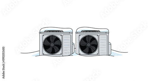 Two industrial outdoor air conditioning units sit side by side while partially covered by a thick layer of fresh and cold white winter snow on the ground.