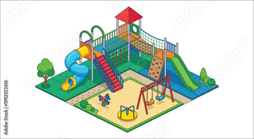 Colorful isometric illustration of a children s playground with various features