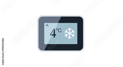 A sleek digital thermostat interface displays a crisp temperature reading of four degrees Celsius accompanied by a prominent white snowflake cooling icon.