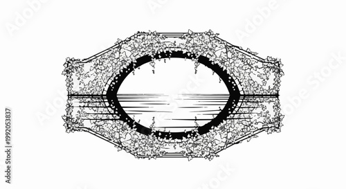 Ornate oval frame entwined with detailed foliage, reflected water within