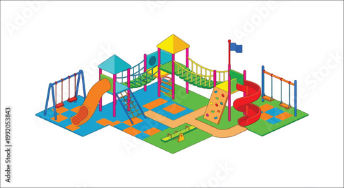 Colorful isometric illustration of a playground with various play structures