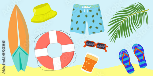 Colorful summer beach illustration featuring surfboard, lifebuoy, shorts, hat, sunglasses, flip flops and tropical leaf on sandy background. Perfect for vacation design, travel advertising, banners, 
