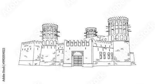 Ornate stone fortress with three towers and a fortified entrance, sketched