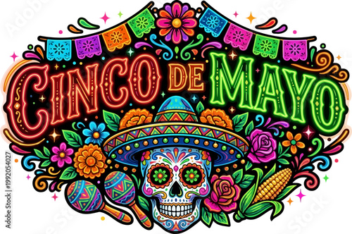 Vibrant Cinco de Mayo Typography with Sugar Skull and Mexican Elements
