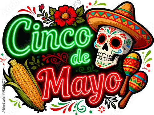 Vibrant Cinco de Mayo Typography with Sugar Skull and Mexican Elements