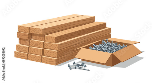 A neat stack of natural wooden lumber planks sits beside an open cardboard box overflowing with numerous sharp silver metal construction nails on white.