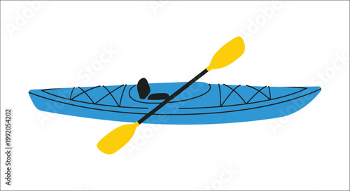 A cartoon illustration of a blue kayak with a yellow paddle