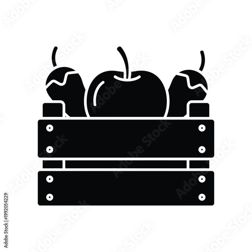Wooden crate filled with fresh apples and pears in bold flat black icon style for healthy food and harvest themes suitable for grocery store branding or farm market advertising design materials