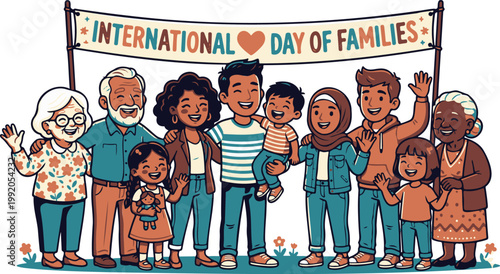 Diverse Family Group with Heart Banner International Day of Families