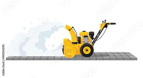 A powerful yellow walk-behind snow blower efficiently clears a path on a gray tiled sidewalk while throwing a large and thick cloud of white snow.