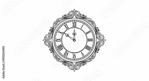 Ornate vintage clock face with Roman numerals and decorative scrolled frame