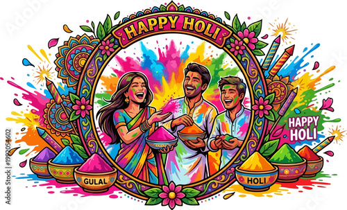 Fotografía Vibrant Happy Holi Typography with Color Splash Explosion
