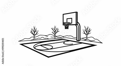 Outdoor basketball court with bare trees and rolling hills in the background