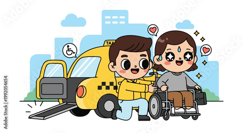 Two young boys with disabilities using a wheelchair and mobility scooter outdoors in a city park scene with accessible