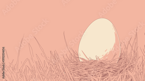 Minimalist illustration of an egg in a nest, surrounded by stylized grass, in warm monochrome tones