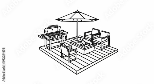 Outdoor patio seating area with a grill, fire pit, and umbrella