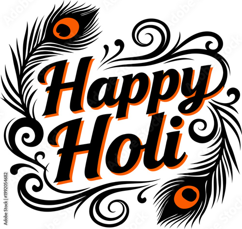 Black Silhouette Happy Holi with Orange Peacock Feather Accent