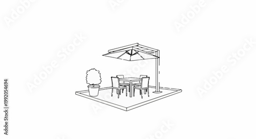 Outdoor patio set with a square table, four chairs, and a potted plant under an umbrella