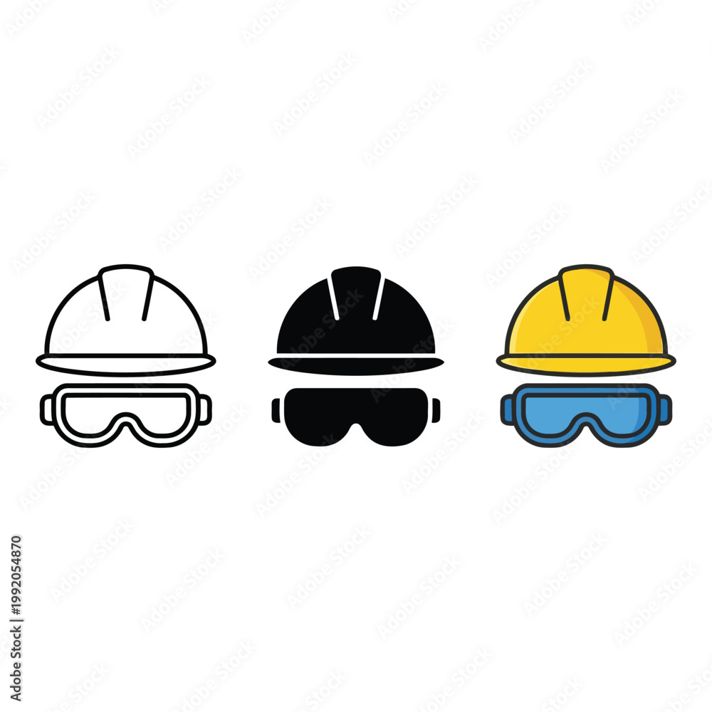 Fototapeta premium Three safety helmets with goggles.