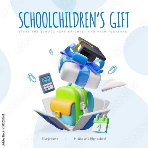 3D poster with a school backpack, calculator, and a student's cap in a gift box.
