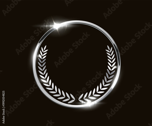 Silver award medal. Steel award winner emblem. Shiny round frame with wreath laurel and light sparkles on dark background for winners ceremony, branding, rewards. Luxury elegant vector illustration