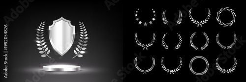 Silver award podium with laurel wreath, shield and set of different chrome laurel wreaths. Luxury templates for product presentation, winner ceremony. Elegant glamour vector illustration.
