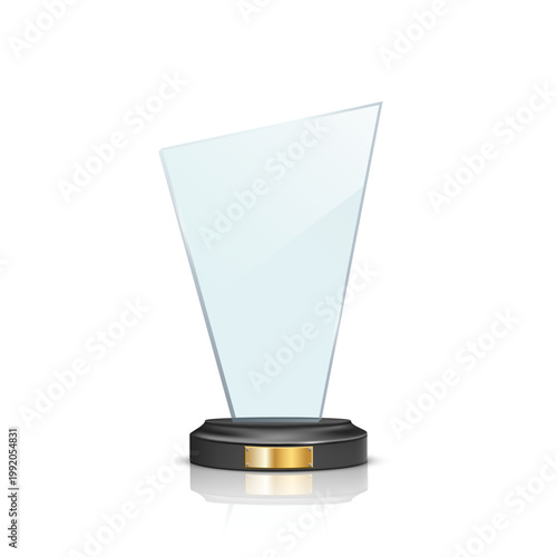 Glass award trophy. Crystal winner prize. Acrylic winner cup. Realistic vector illustration of trophy for sport competition, business achievement, recognition, celebration ceremony.