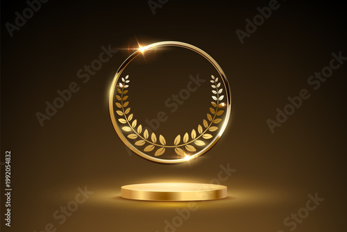 Gold award podium with laurel wreath in glowing round frame on dark background. Luxury template for product presentation, winner ceremony, honors branding. Elegant glamour vector illustration.