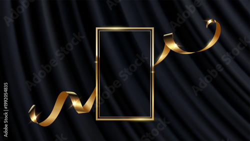 Award background. Gold award frame with golden silk ribbon on black curtain backdrop and empty space in center. Elegant luxury vector illustration, banner for event, winner ceremony, invitation, VIP.