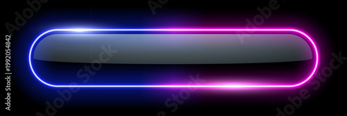 Neon glow light rounded rectangle frame. Led rectangular game button. Purple blue light outline on black with soft luminous effect. Futuristic UI element. Colorful geometric vector illustration.
