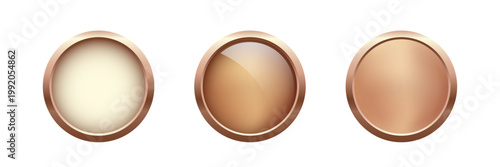 Bronze metal medal set. Copper buttons. Third place awards. Shiny badges for top ranking, winners, competition prize, or achievement certificate. Realistic vector illustration.