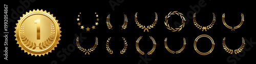 Gold award medals with laurel wreath. Golden medals with number one and leaf wreath on black background. 3d metal winner emblems. Realistic vector illustrations set.