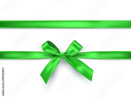 Green ribbon with bow on white background. Gift wrapping decoration element. Present box decoration. Realistic 3d vector illustration.
